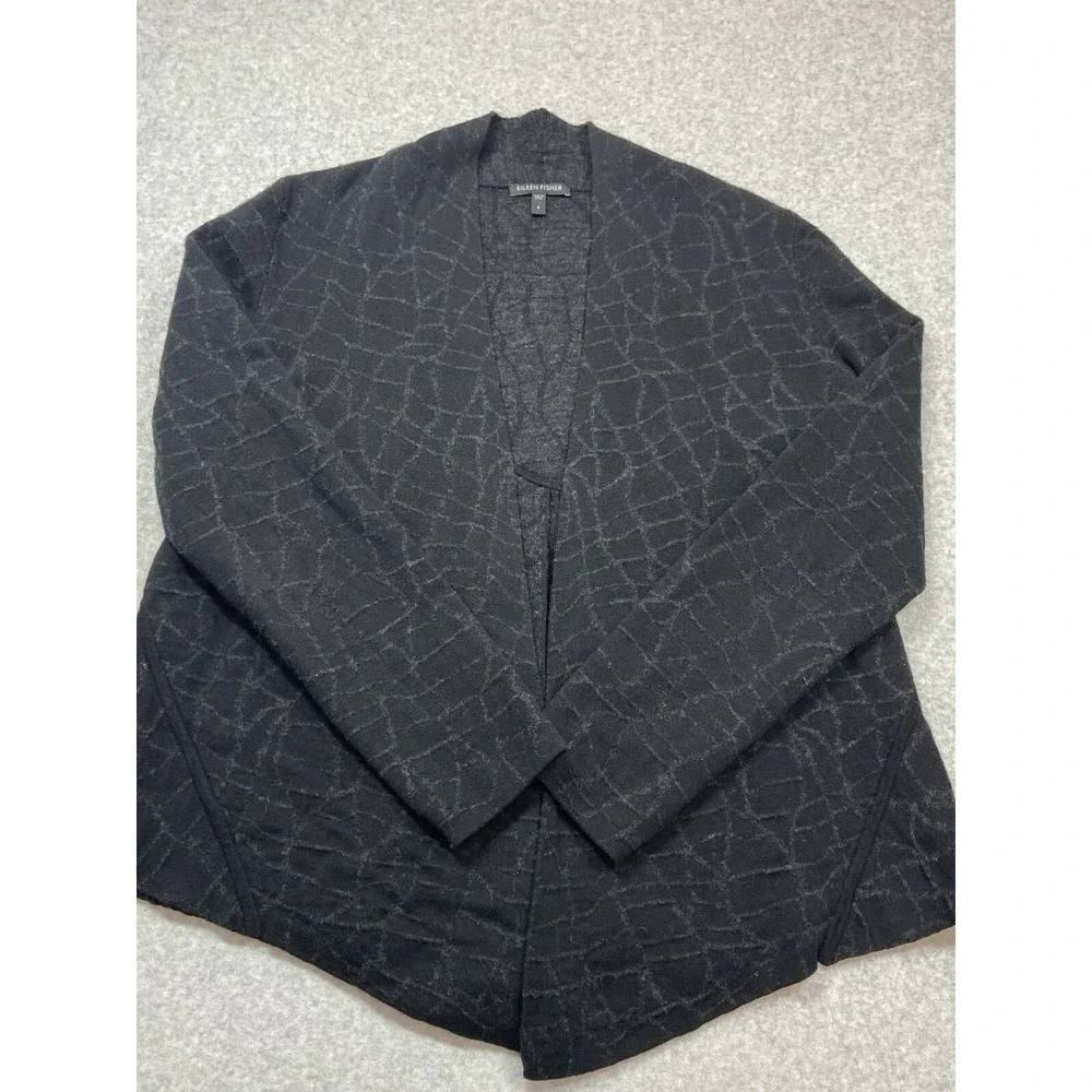Eileen Fisher Cardigan Sweater Womens L Black Cotton Blend Geometric Open Knit
